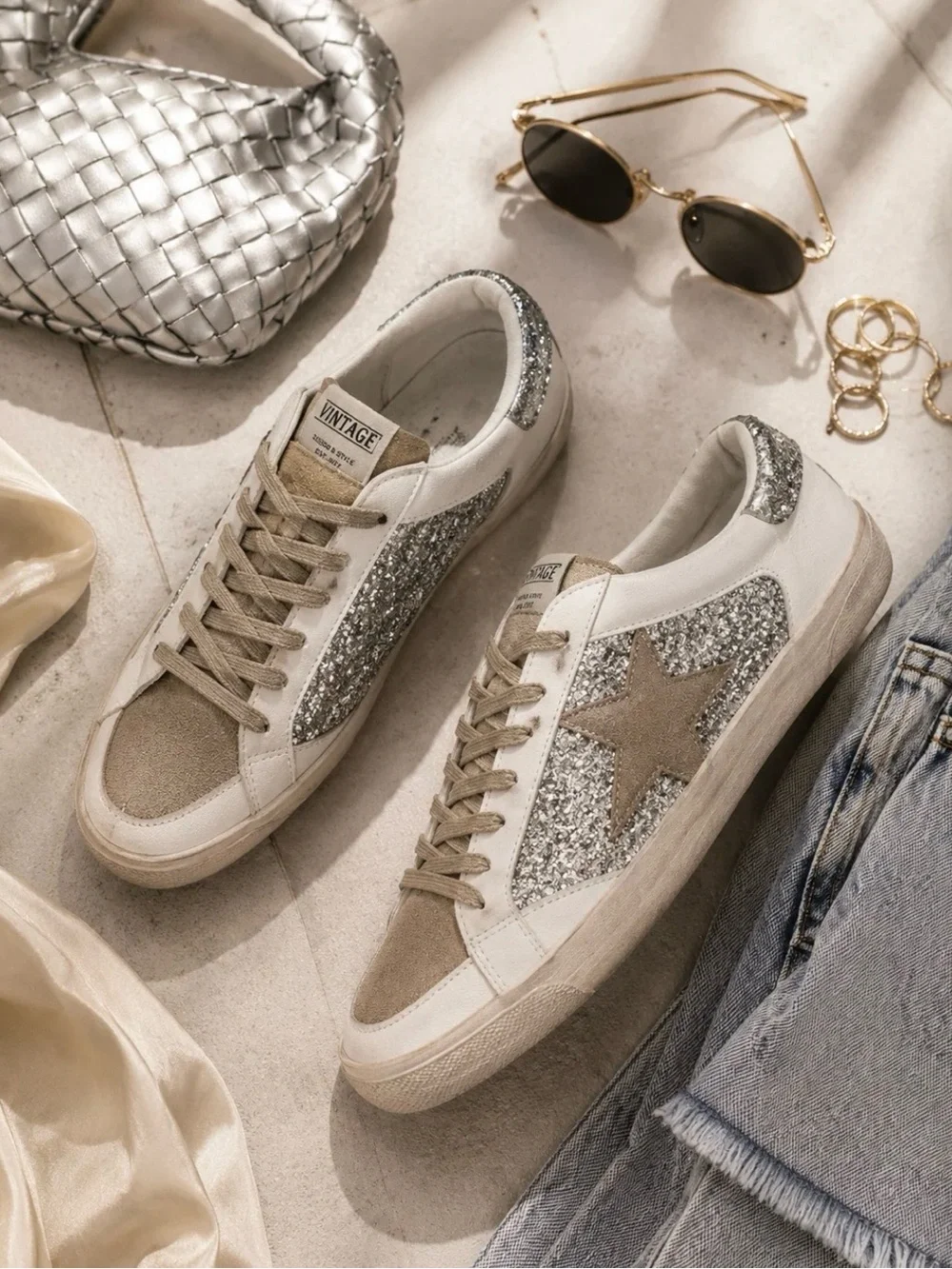 Vintage Silver Glitter and Beige Star Lace-Up Sneakers